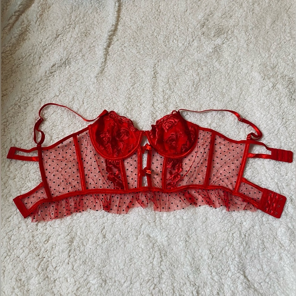Red sheer crop top corset black polka dots